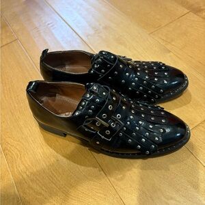 Girotti Italian patent leather shoes loafers fringe studded buckled 40 9 BLACK